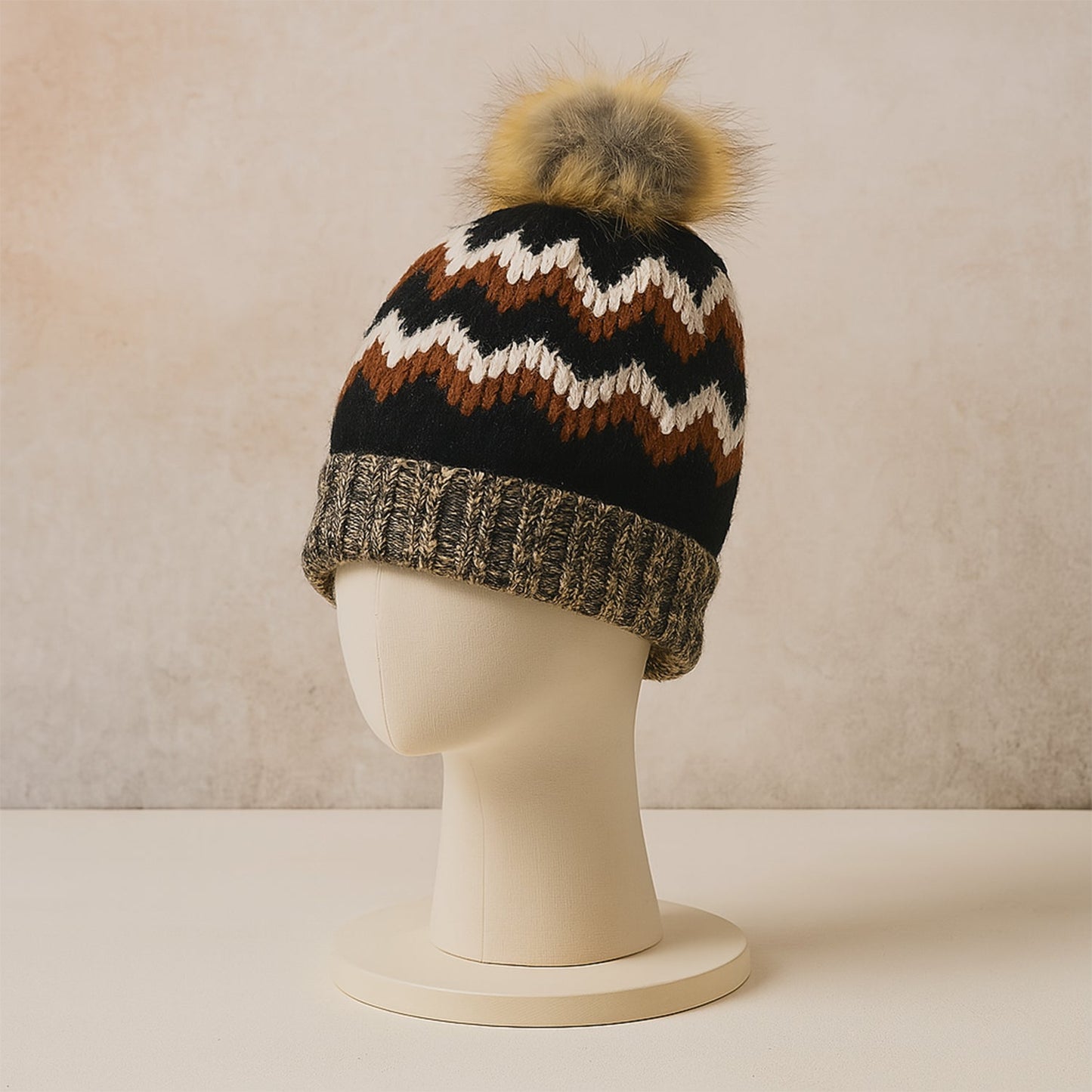 Winter Woolen Knitted Black Inside Fur Beanie Cap (1 Pc / Mix Design & Color)
