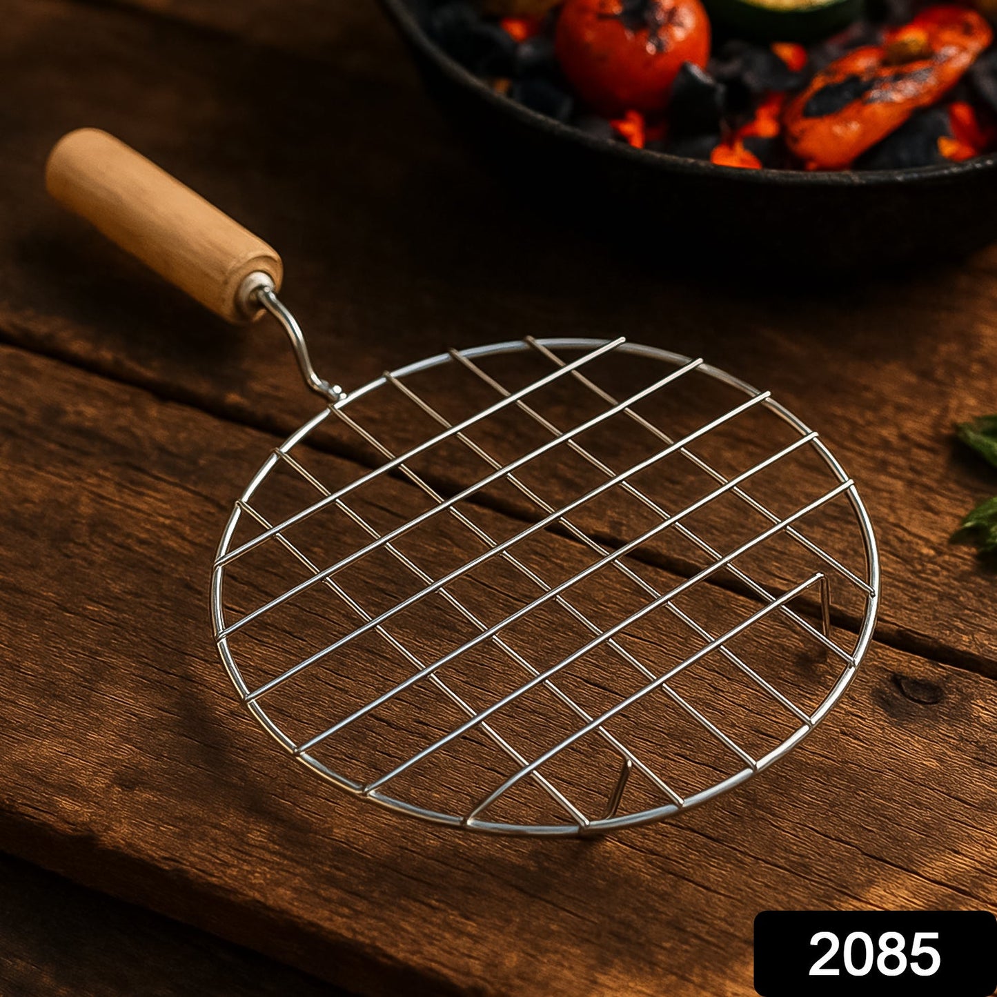 Kitchen Round Stainless Steel Roaster Papad Jali, Barbecue Grill with Wooden Handle