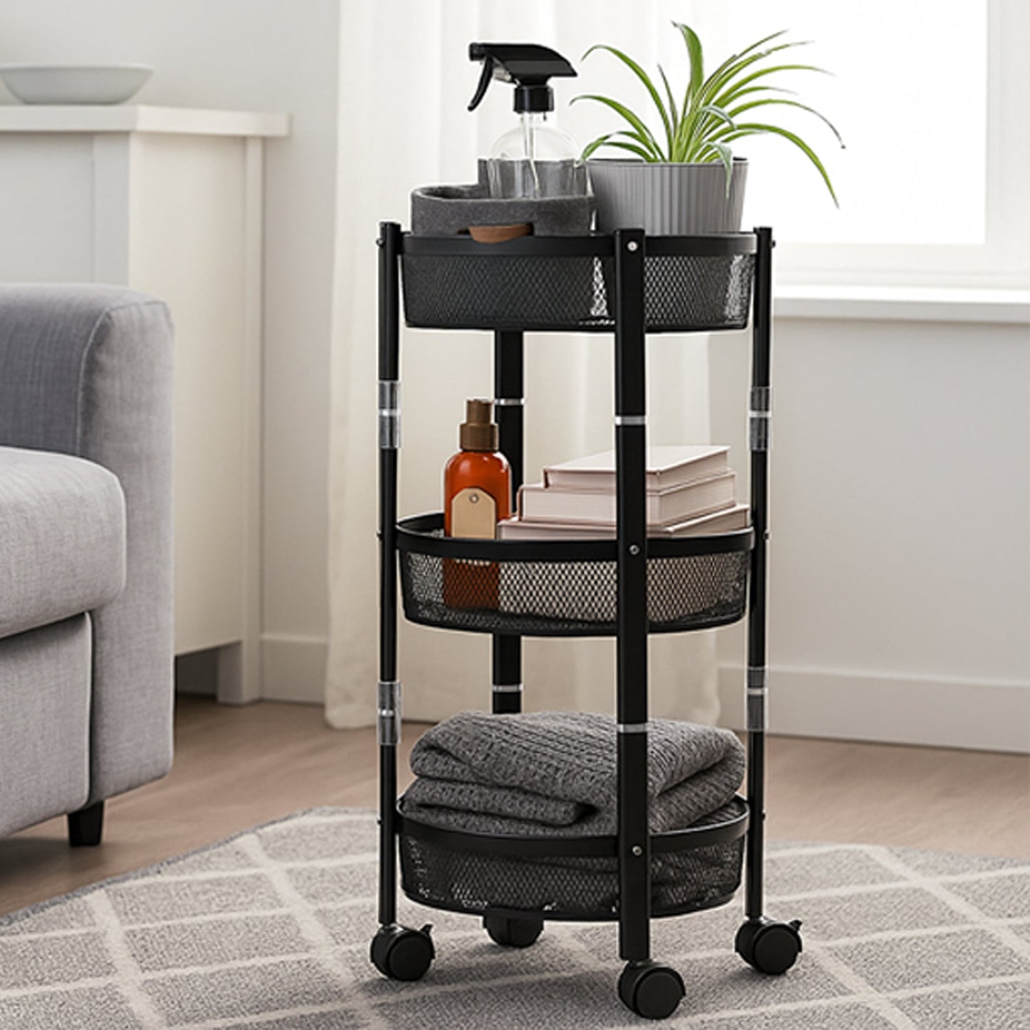 Space-Saving 3-Tier Round Trolley
