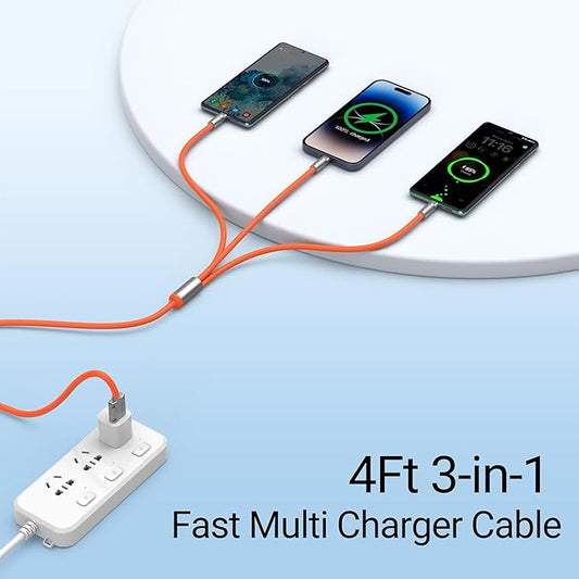 3 In 1 Fast Charging Data Cable,120W Portable Charger Cord With Usb Type-C & Micro-Usb For All Phones,Charger Type C Retractable Usb Charging Cable ( Multicolour )