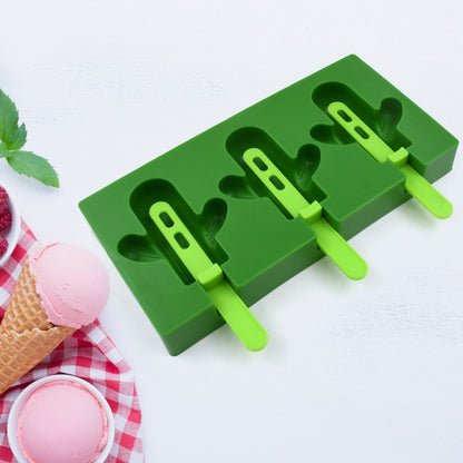Ice Cream Mould sicle Mold, Cactus Shape Ice  Molds Homemade sicle for DIY Ice sicle, 3-Cavity Summer Food Kitchen Tools (1 Pc)