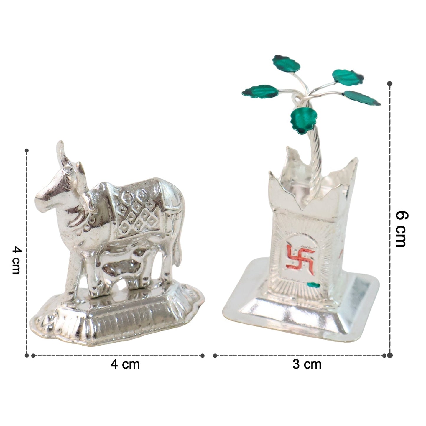 Silver-Plated Kamdhenu Cow & Tulsi Plant Pair – Pooja & Home Décor