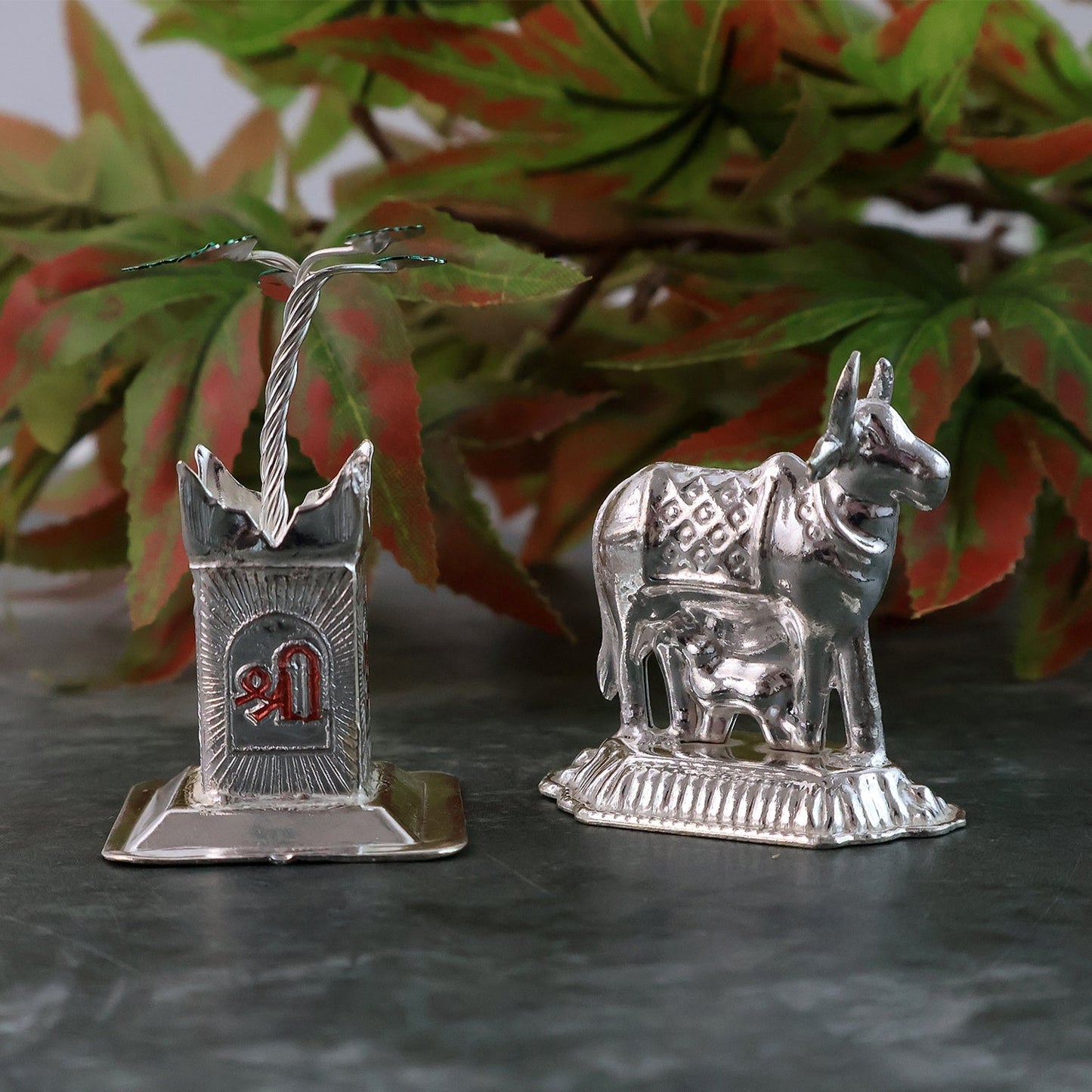 Silver-Plated Kamdhenu Cow & Tulsi Plant Pair – Pooja & Home Décor