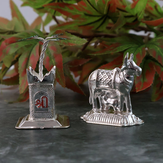 Silver-Plated Kamdhenu Cow & Tulsi Plant Pair – Pooja & Home Décor