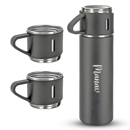 Customized Stainless Steel Vacuum Flask Set with 3 Cups – 500ML | Personalized Name Bottle Gift Combo for Boyfriend, Girlfriend, Employee