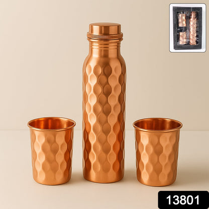 Copper Water Bottle 2 Glasses with Gift Box (3 Pcs Set)