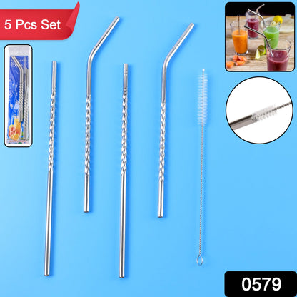 Set of 4 Stainless Steel Straws & Brush (2 Straight straws, 2 Bent straws, 1 Brush)